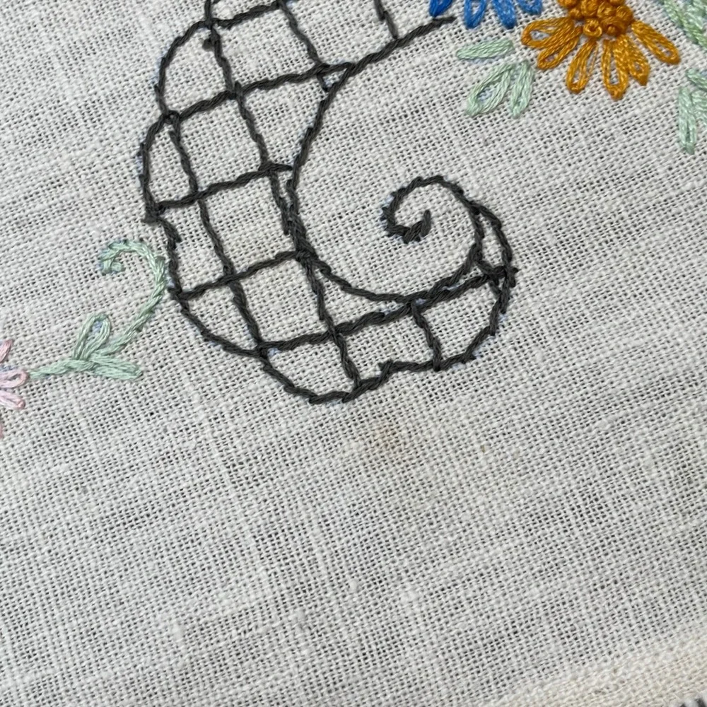 Vintage Hand Embroidered‎ Floral Linen Dresser Scarf Runner Crochet Lace Cottage